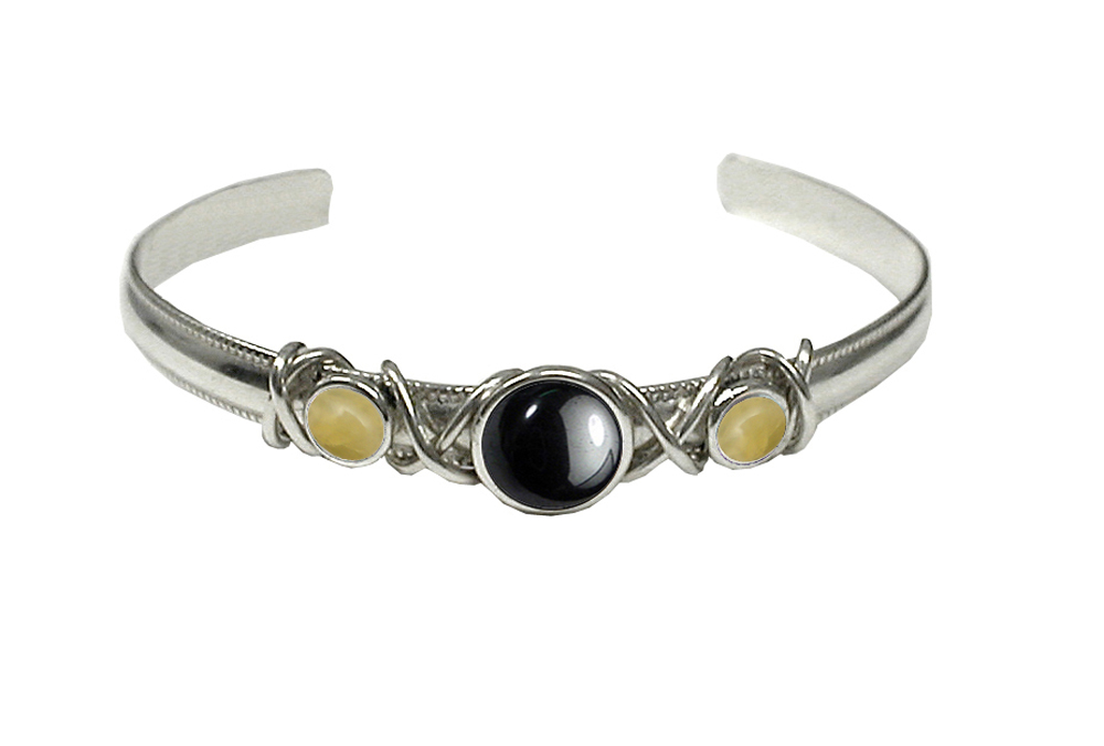 Sterling Silver Hand Made Cuff Bracelet With Hematite And Yellow Aragonite